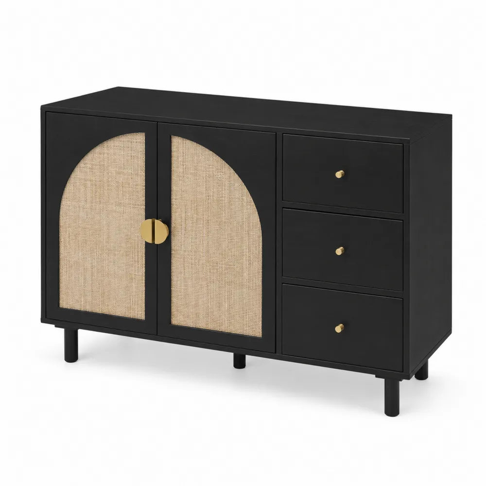 Buffet en bois noir avec portes en rotin et 3 tiroirs