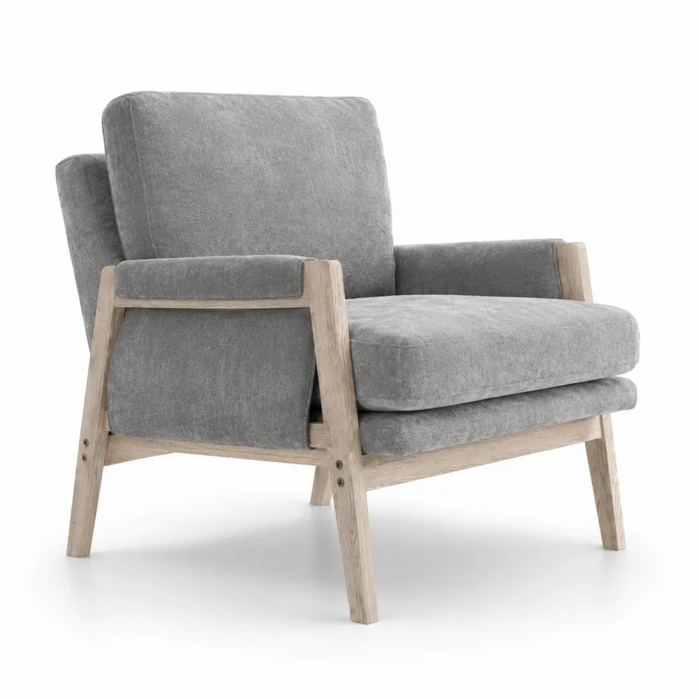 Fauteuil en tissu gris avec cadre en chêne