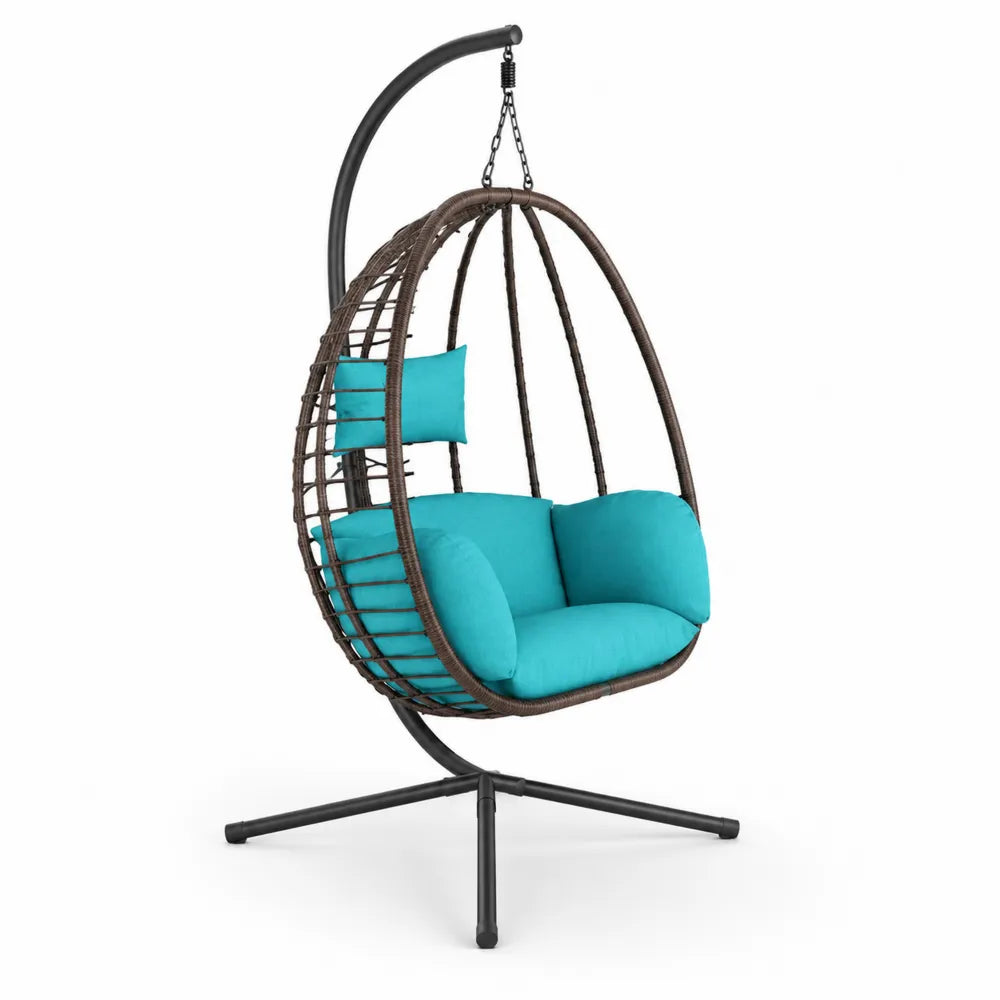 Chaise suspendue en rotin avec coussins en polyester turquoise