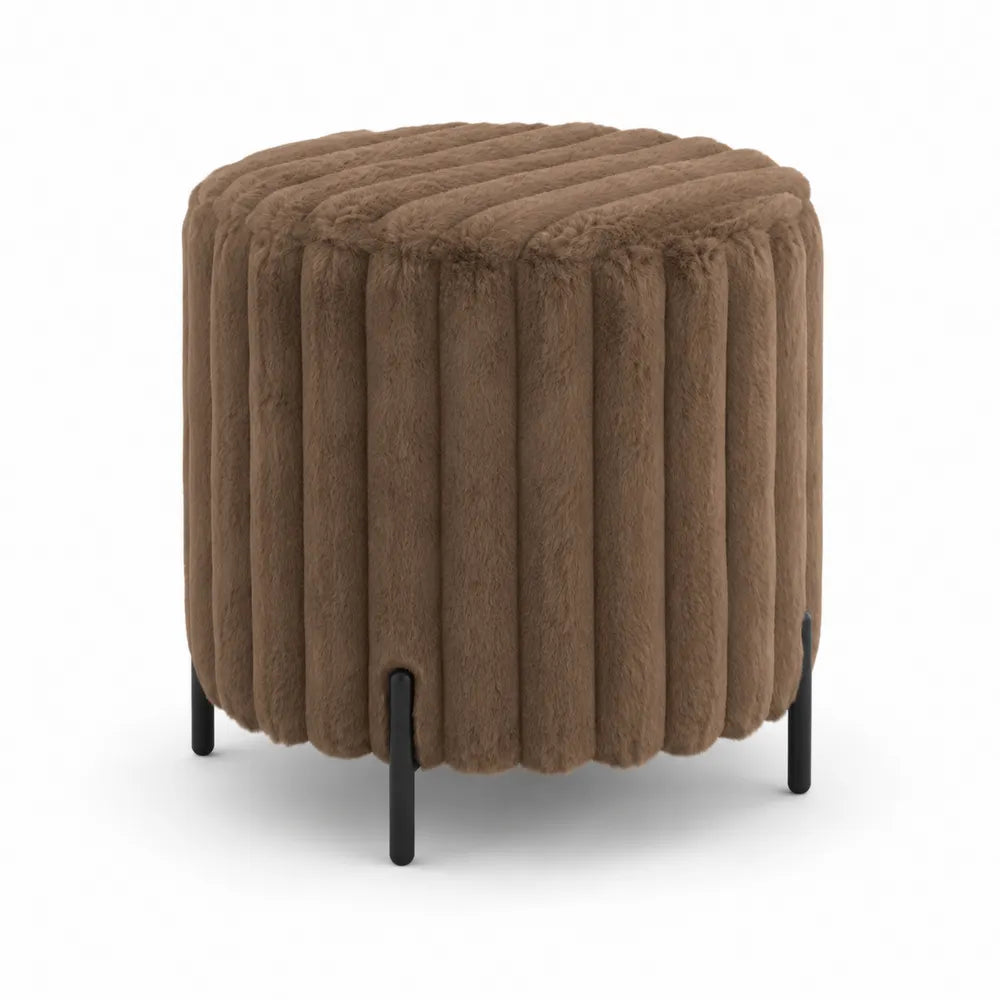 Pouf rond en tissu peluche avec pieds métalliques, Brun
