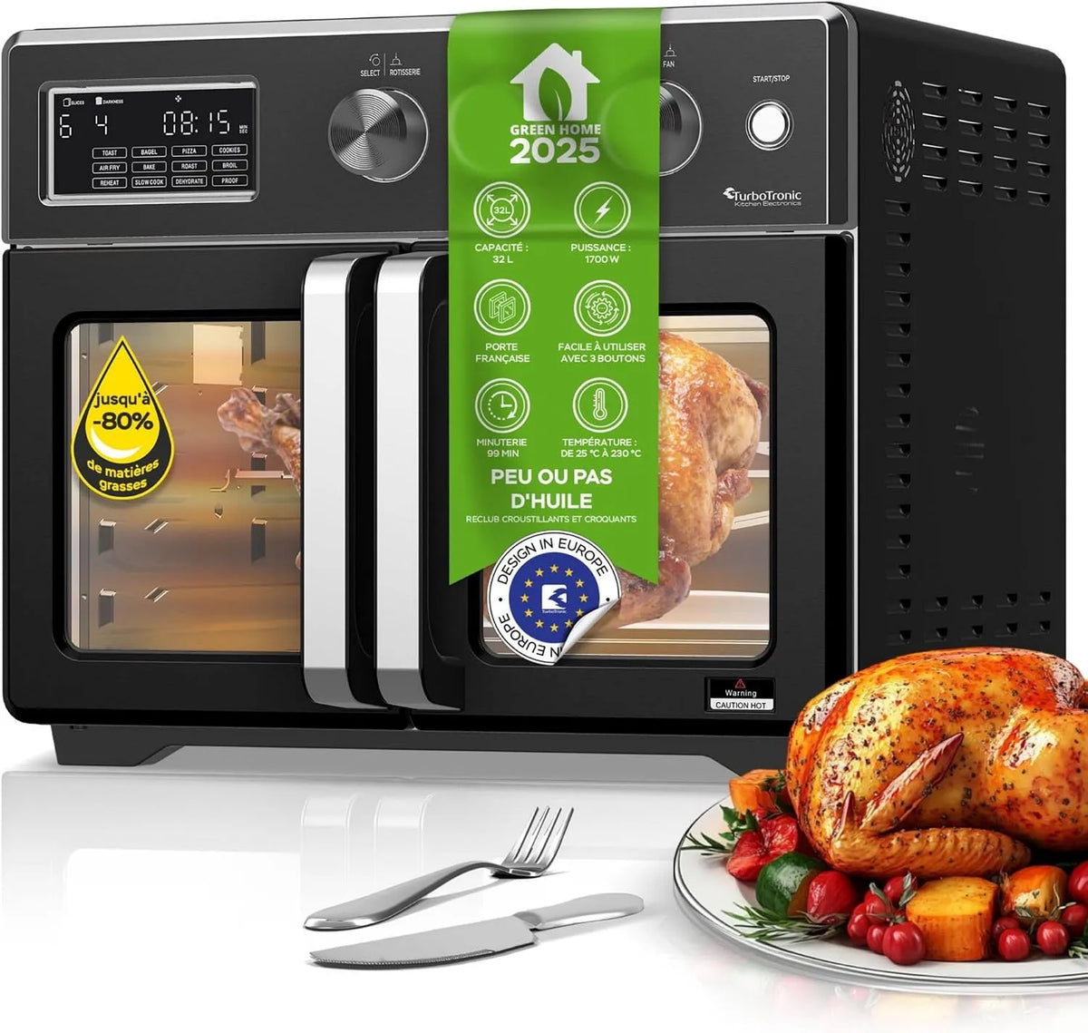 Four électrique, 32 L, gril, compact, four à air chaud 4 en 1 et friteuse à air chaud, TurboTronic Mini four, y compris tournebroche et de nombreux