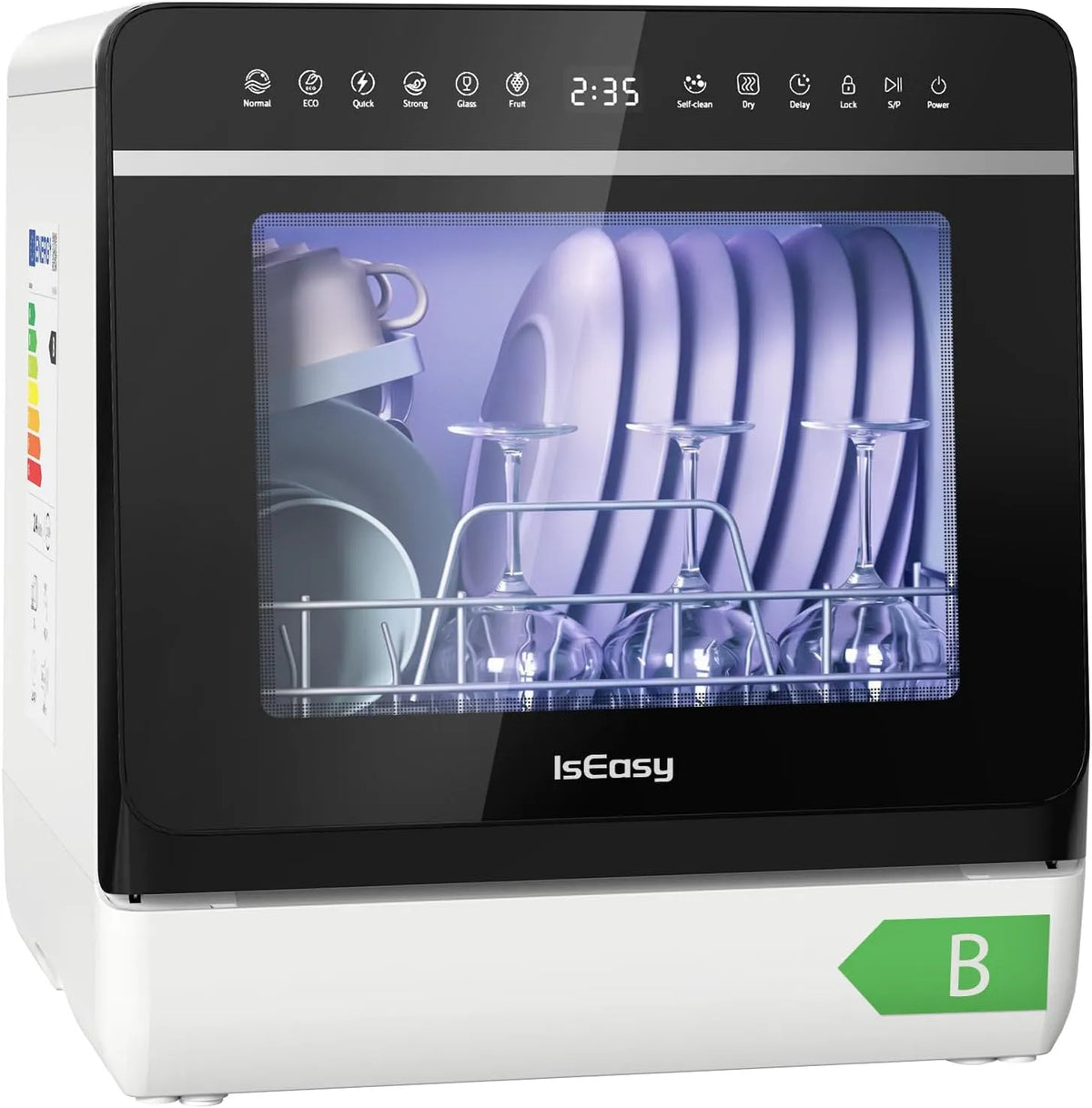 Lave-vaisselle, 5 L, 950 W, 7 programmes, tactile, grand réservoir, camping, amovible, 3 couverts, Haute Température de 72 °C, écran LED et Commande