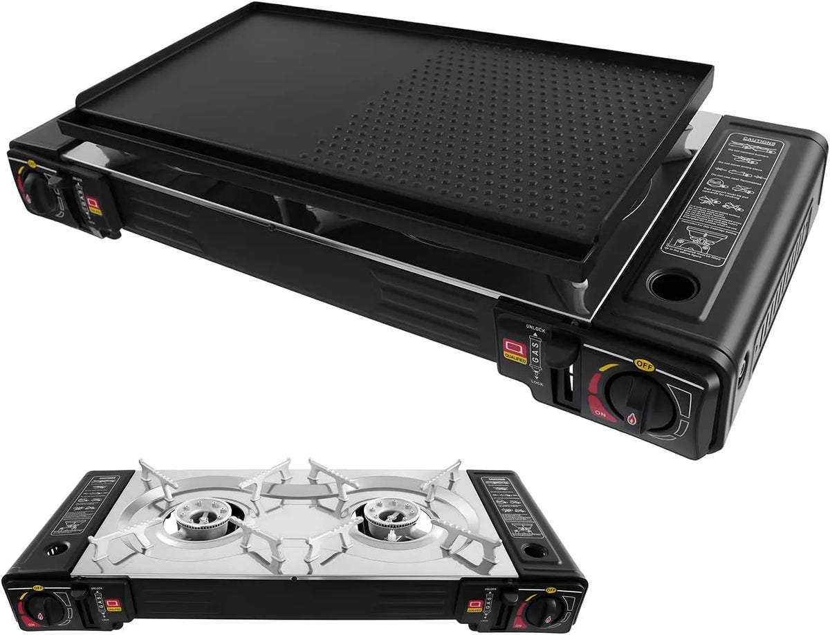 Plaque de cuisson à gaz, 2500 W, camping, table de cuisson à gaz, Kit de barbecue à gaz 2 en 1, 2 brûleurs avec plaque de cuisson, allumage piézo