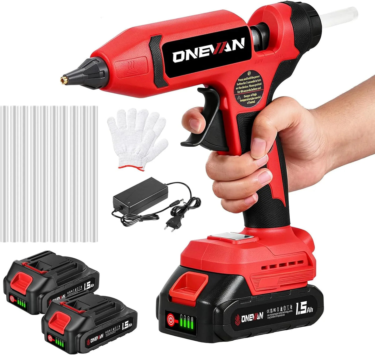 modèle 80s 25g, min, 80s Chauffe rapide, Débit 25g, 200 °C, 2x1, 10 bâtons, ONEVAN Pistolet a Colle Sans Fil, Système anti-Goutte, buse cuivre