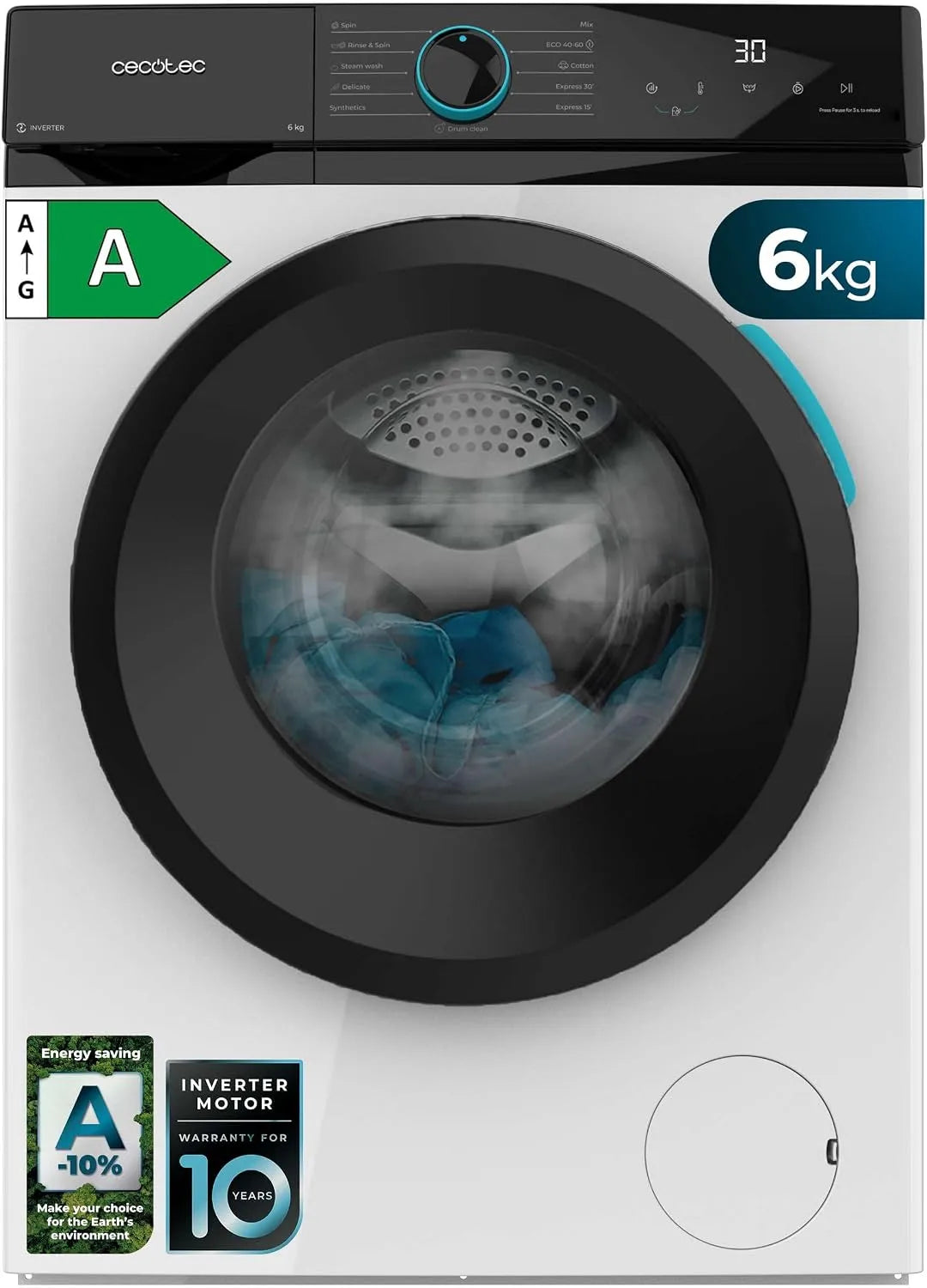 Cecotec Bolero DressCode 7150 Lave-linge, 12 programmes, 7 kg, classe énergétique A, verrouillage, Inverter, Steam Max, 1400 tr, min, Drum Clean