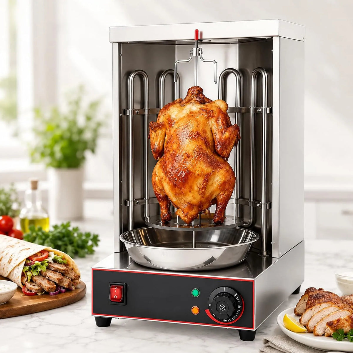 Produit Machine Shawarma Électrique 3000W Rôtissoire Verticale 360° INOx Gyros Kebab 2 Tubes Chauffants pour Poulet Bœuf Agneau Usage Maison