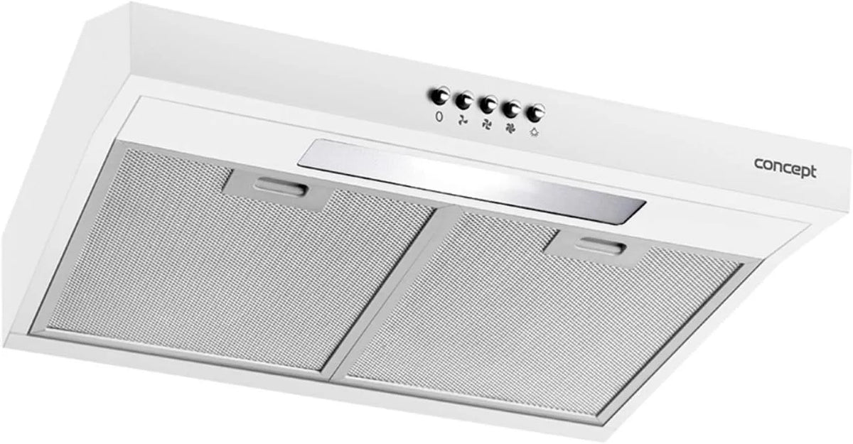 Concept OPP1250 Hotte aspirante, 50 cm, 135 m3/h, 60 dB, hotte de cuisine, éclairage LED, 3 niveaux, blanc, 65 W, 82 mm, fonction de recirculation