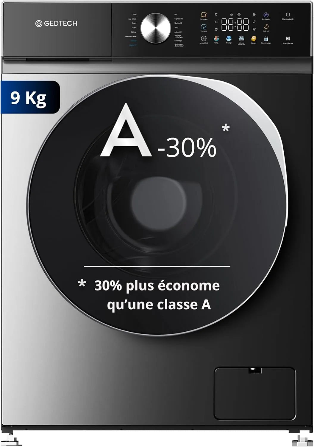Lave-linge, 16 programmes, 9 kg, GEDTECH GLLPS91400DG, Panneau commande LED couleur, 1400 tr, mn
