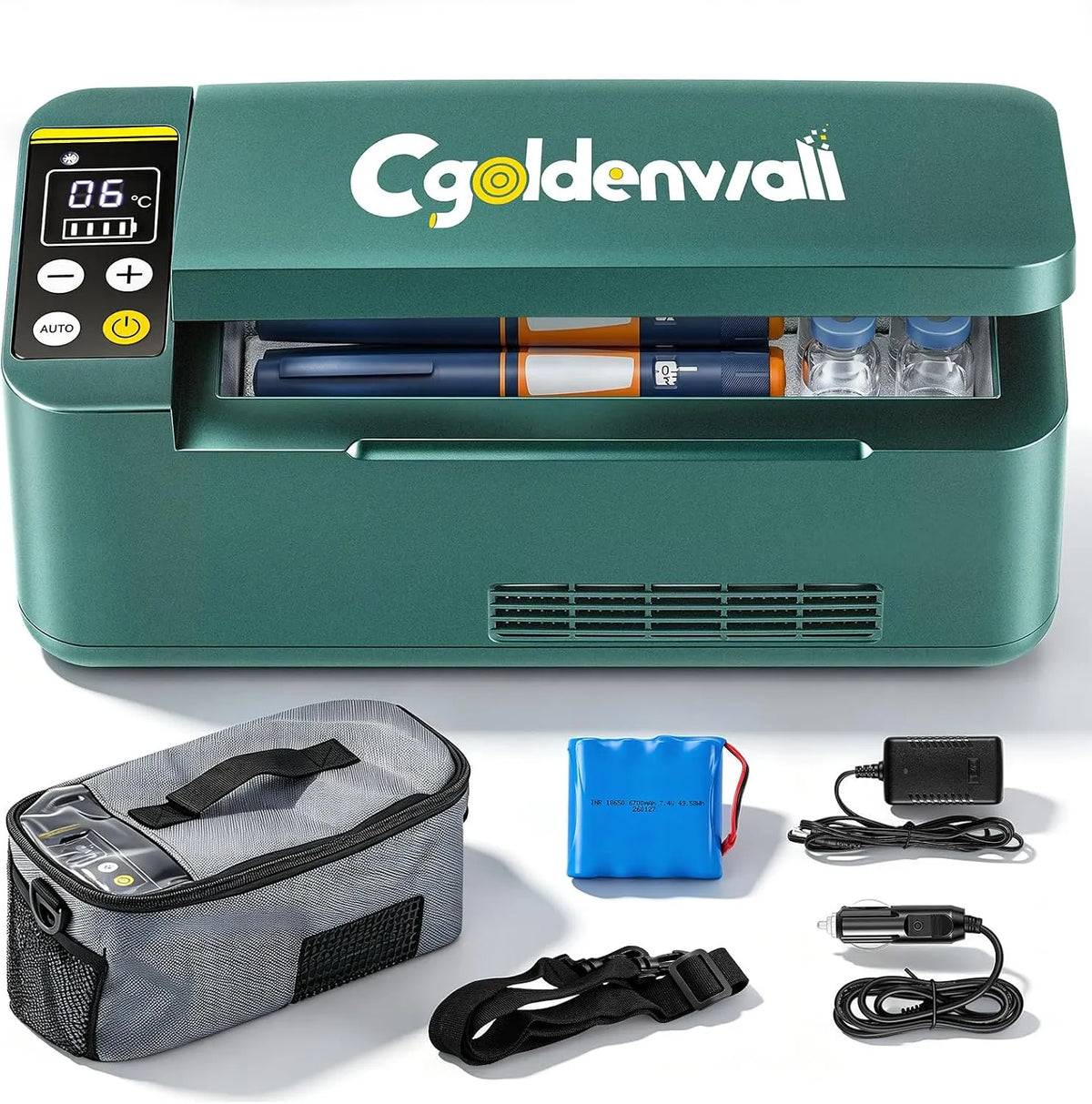 Réfrigérateur médical portable, extérieur, transport d'insuline et de médicaments, vert, Voiture, Maison, 2‐20°C Réglable, 1 Batterie, Mode Auto 5°C