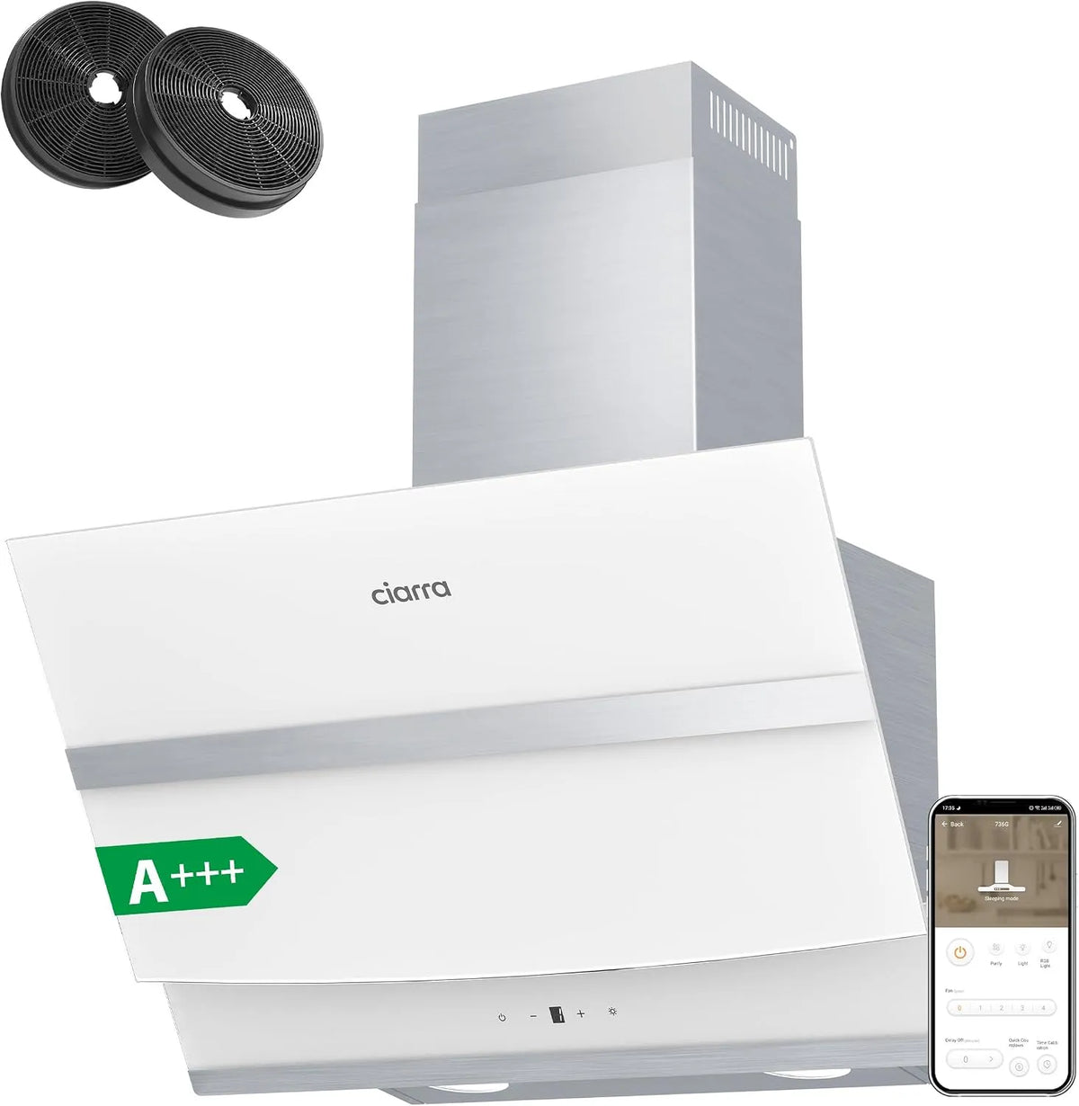 CIARRA CBCW6736N 56dB-Evacuation Hotte aspirante, 60 cm, 692 m3/h, 56 dB, hotte de cuisine, inclinée, évacuation et recyclage, Boost, tactile, Wi-Fi