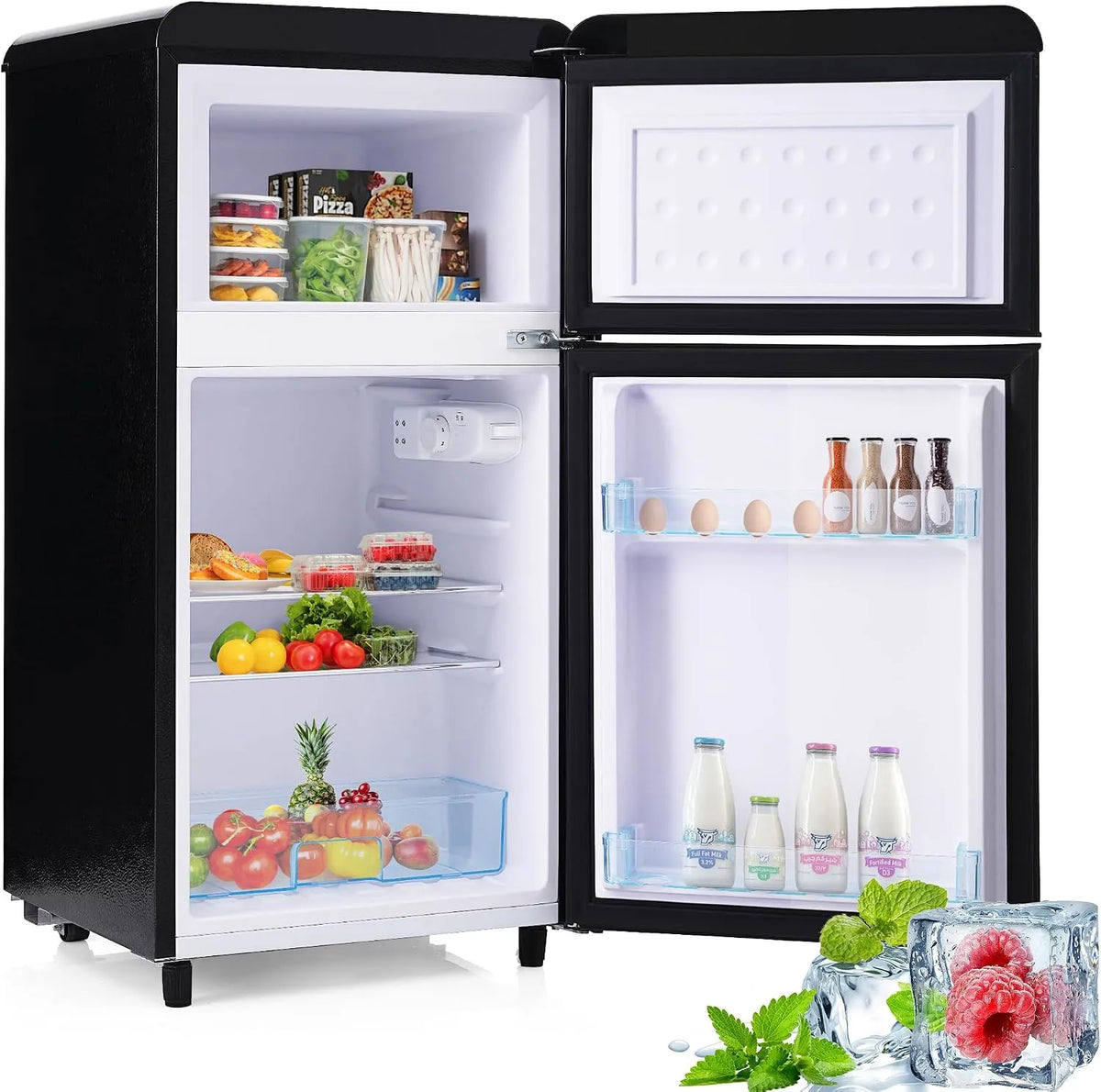 Congélateur, 72 L, éclairage LED, noir, 120 kWh, an, 72 litres, Merax Réfrigérateur rétro à double porte