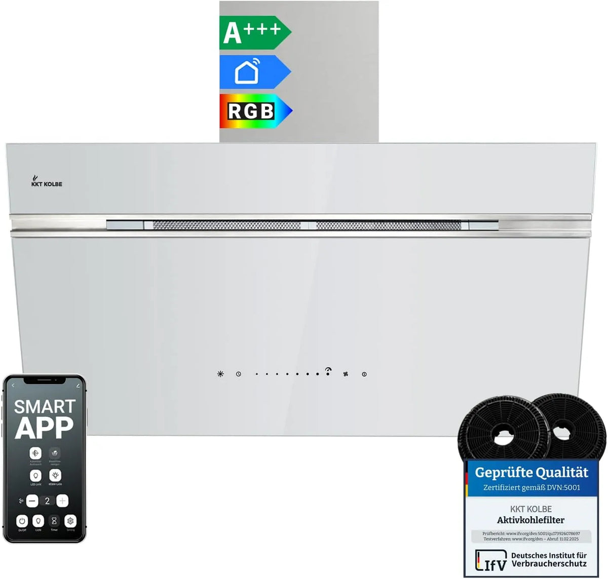 Hotte aspirante, 90 cm, 782 m3/h, hotte de cuisine, KKT AURORA9005WED, installation murale, tactile, Wi-Fi, application, blanc, SensorTouch, en verre