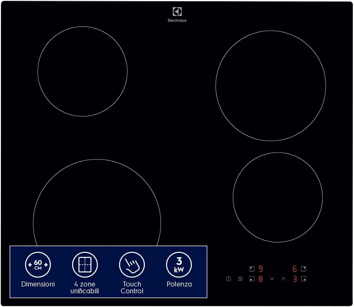 Electrolux commandes SliderTouch, Série 300 Plateau de cuisson à induction 4 feux à encastrer, 60 cm, 590 x 520 mm EIB60424CK, noir