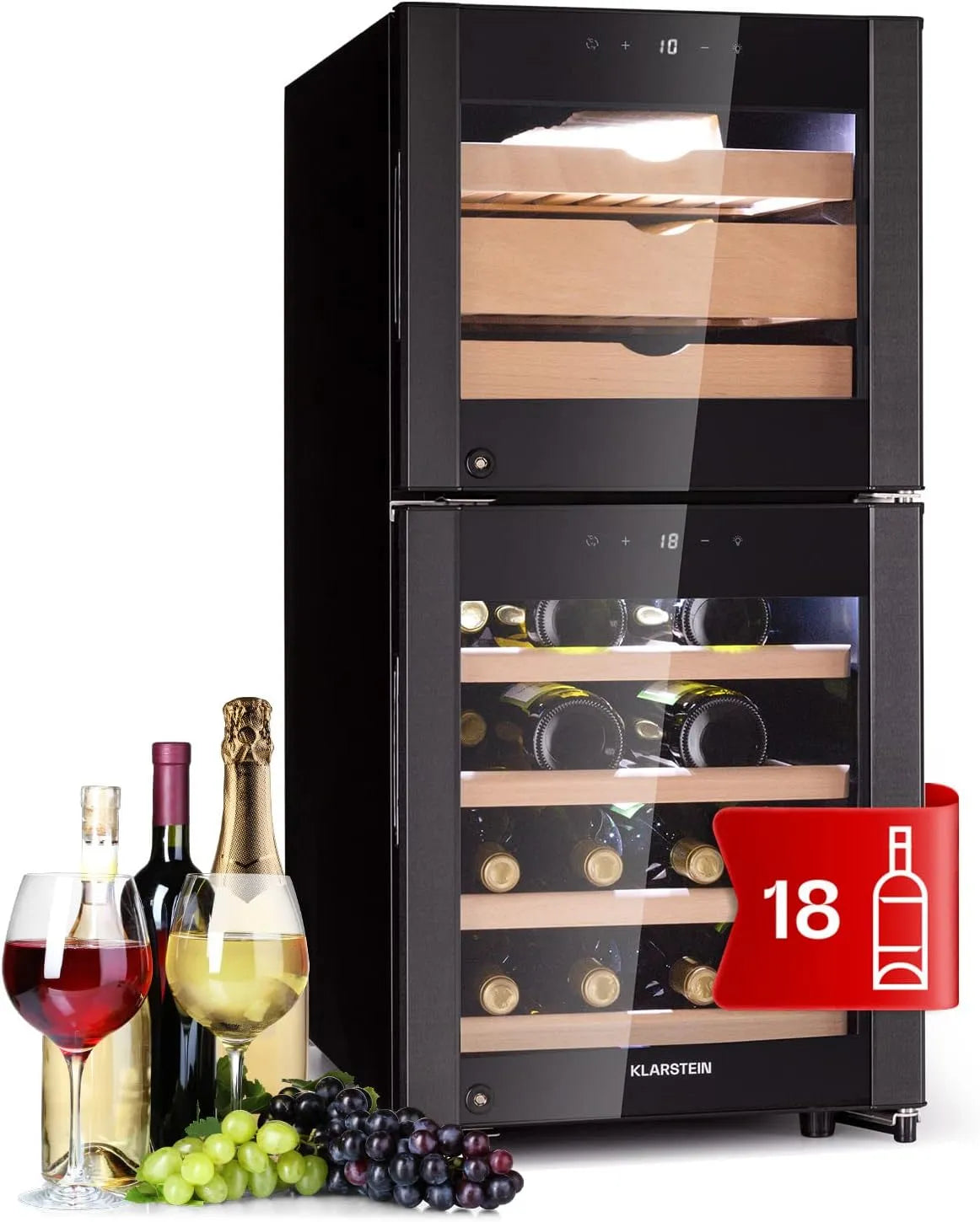 Klarstein Cave à vin électrique, 89 L, tactile, Protection UV, Caves à 89L, KLARSTEIN Cave a Vin et Fromage, Porte en Verre, Cave à Vieillissement