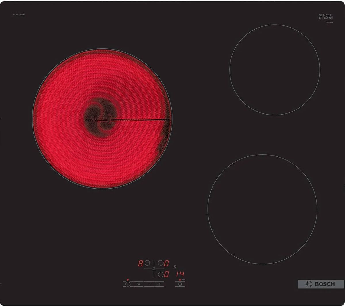 Bosch PKM611BB8E Plaque vitrocéramique, 60 cm, tactile, minuteur, noir, Touch Select, timer avec fonction arrêt, Série 4, 3 foyers