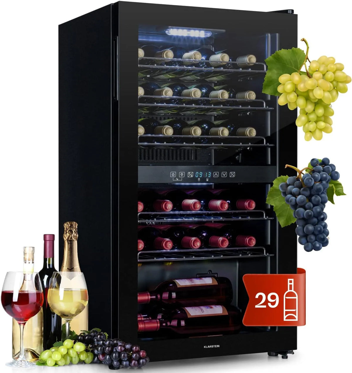 Klarstein Cave à vin électrique, 80 L, 29 bouteilles, 2 foyers, 5 à 18 °C, verre, pose libre, silencieux, acier inoxydable, noir, Cadre Inox, LED