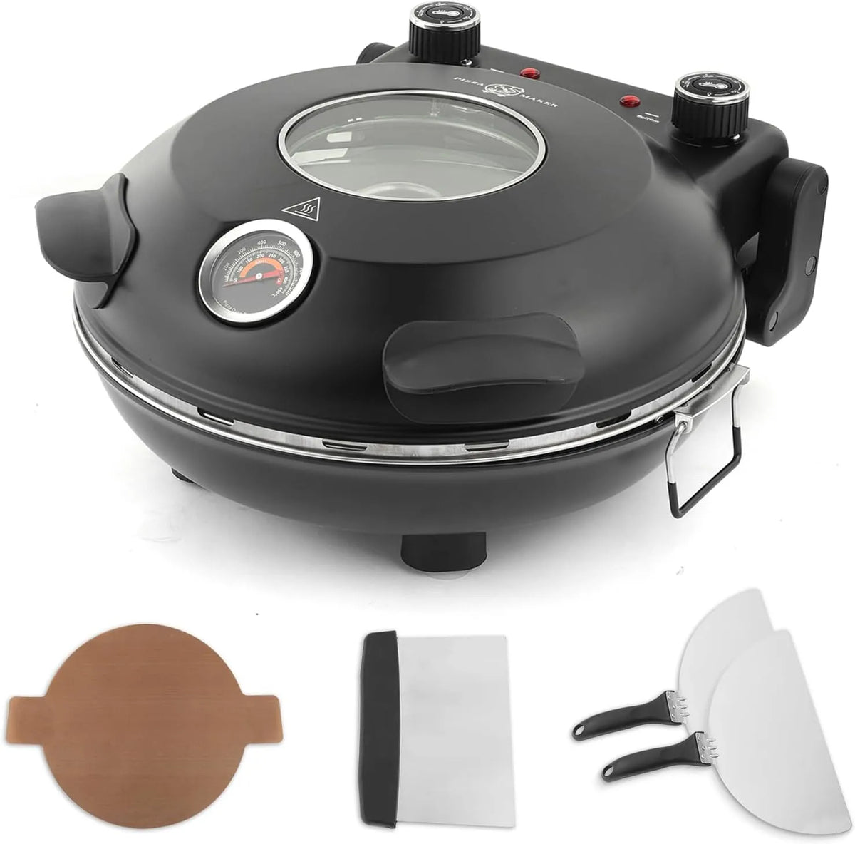 Four électrique à pizza, 31 cm, 2 zones de température, noir, LMR-Noir, deux commandes de température réglables et 4 outils à pizza inclus