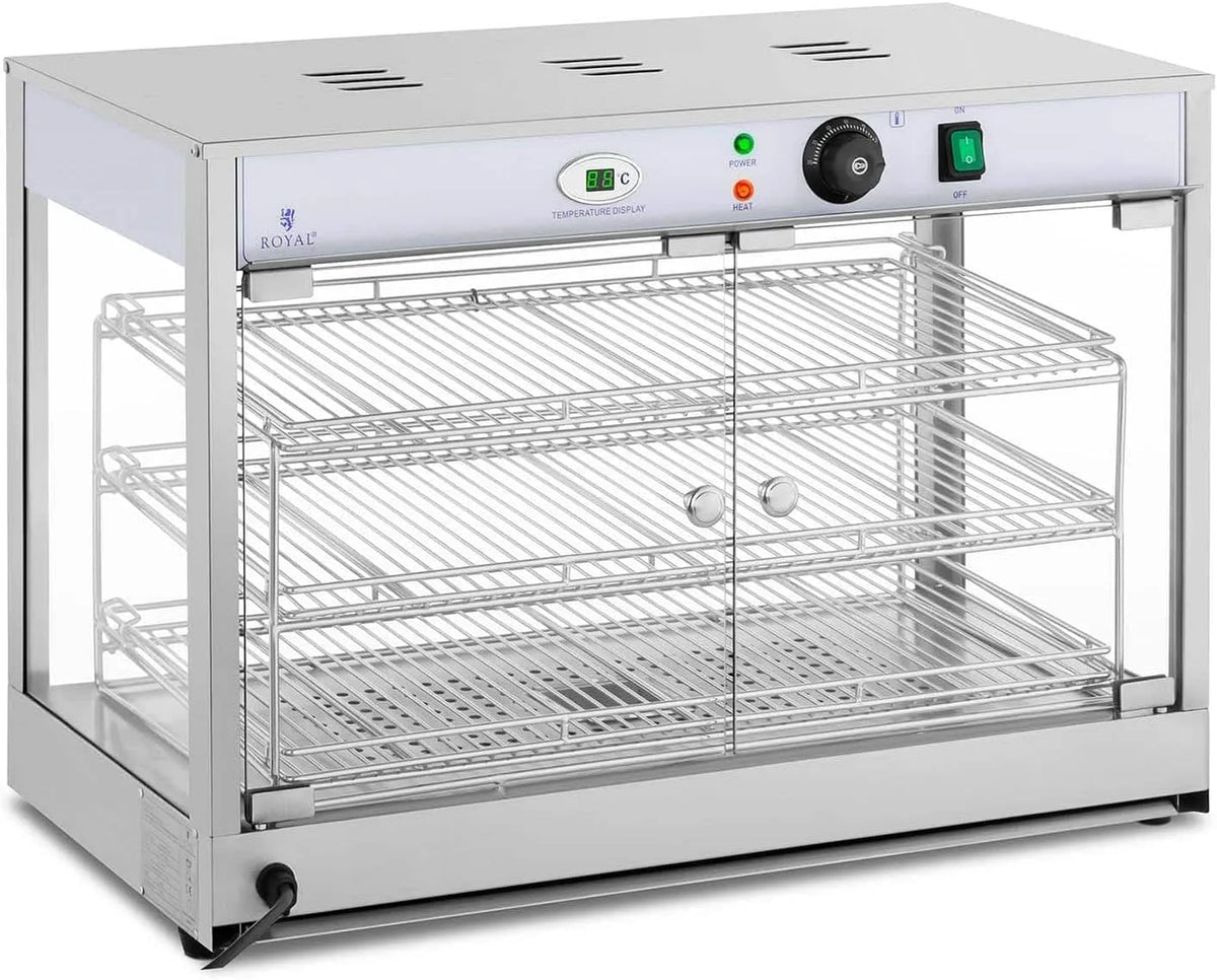 modèle RCHT-1200B, Royal Catering Vitrine chauffante RCHT-1200B, 1 200 W, 25-85 °C, écran LED, fabriqué en Acier Inoxydable et Verre trempé