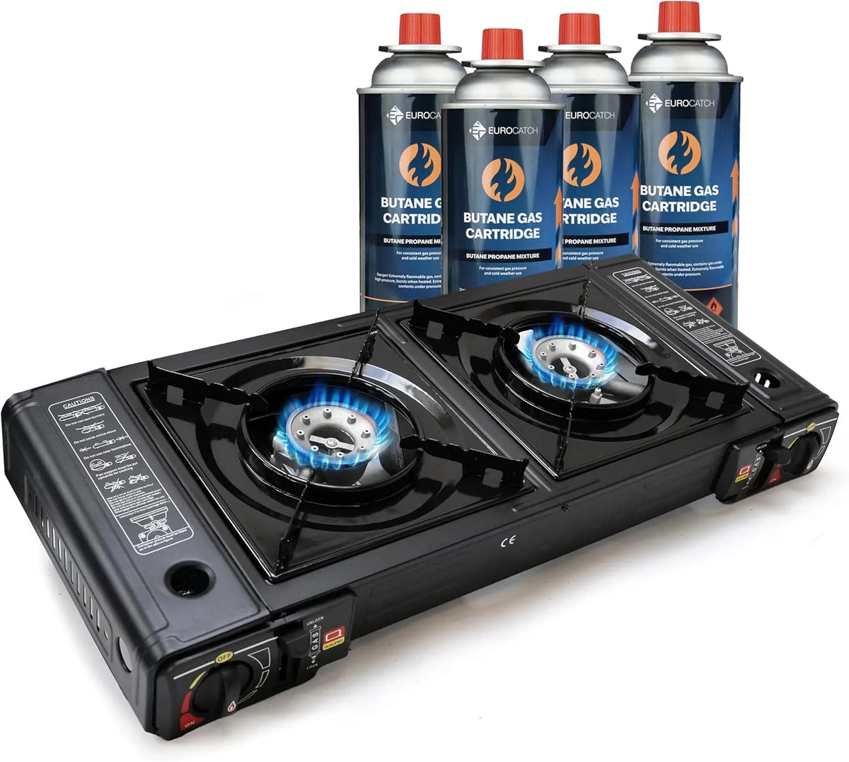 Cuisinière avec four, tactile, camping, 4 Cartouches de gaz Butane, Réchaud à Gaz 2 foyers
