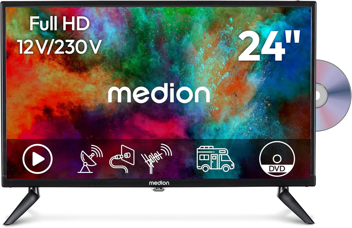Smart TV, 24 pouces, 12 V, téléviseur, triple tuner DVB-T2, S2, HDMI, USB, Full HD, camping, Television avec Lecteur DVD intégré, MD 824001, 9 cm
