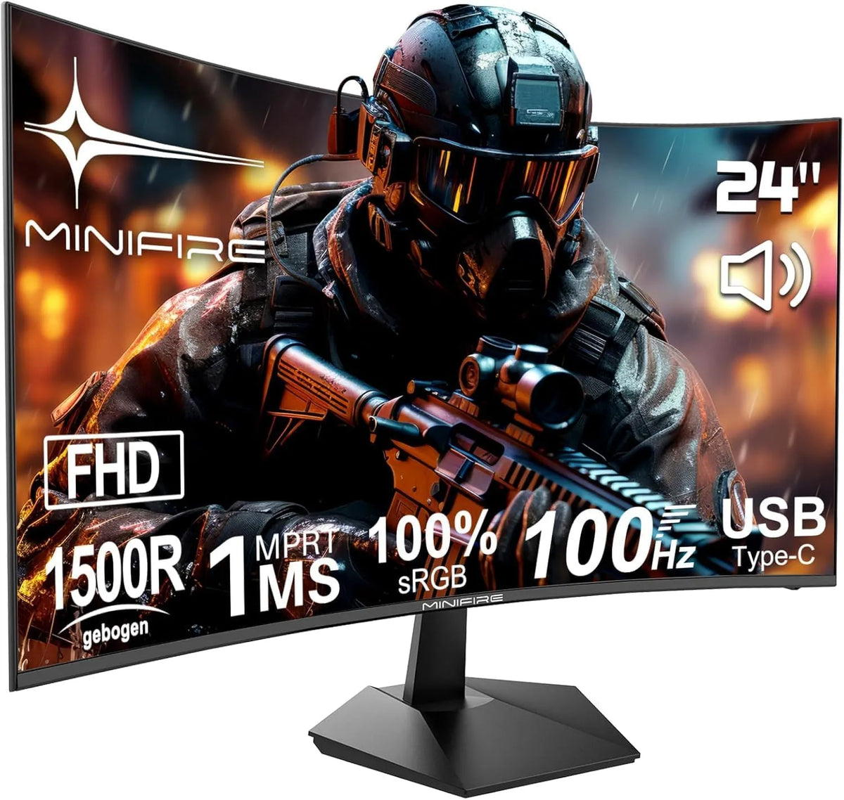 modèle 1500R MF24C1, Minifire Écran Incurvé 24 Pouces 100Hz FHD, 1ms MPRT, sRGB 100%, VESA 75x75, USB‐C, Haut‐Parleurs, HDMI