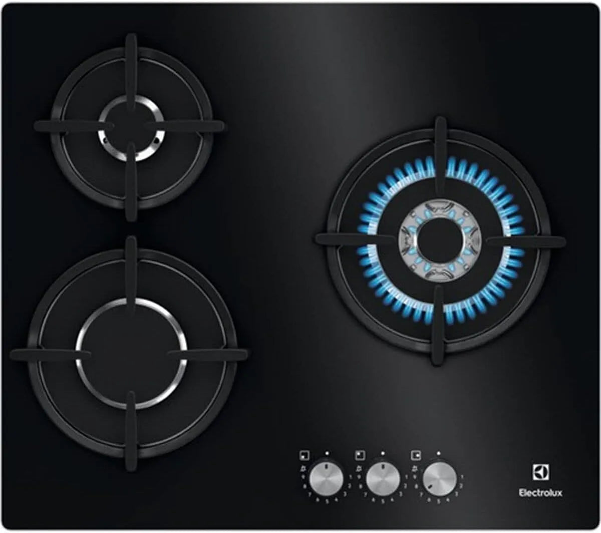 Electrolux KGE6633NOK Plaque de cuisson à gaz, 60 cm, 3 foyers, table de cuisson à gaz, noir, zone Wok, commandes avant, chaleur instantanée, allumage