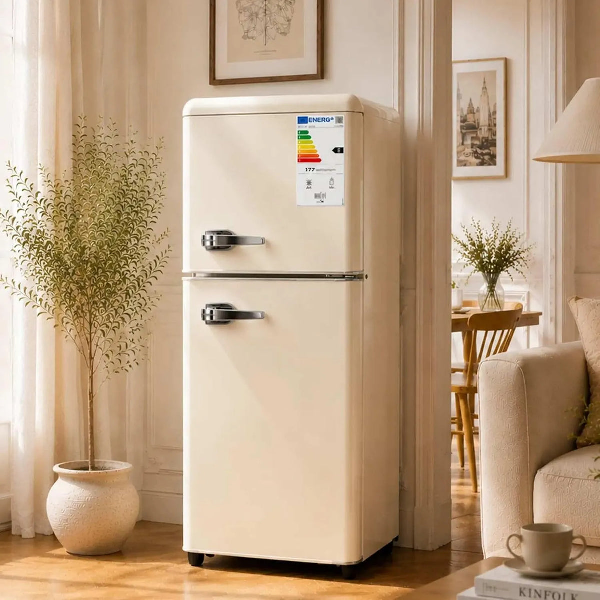 Réfrigérateur, 112 L, classe énergétique E, éclairage LED, décoration de salon, 2 zones de température, blanc, 7 niveaux de réglage de la température