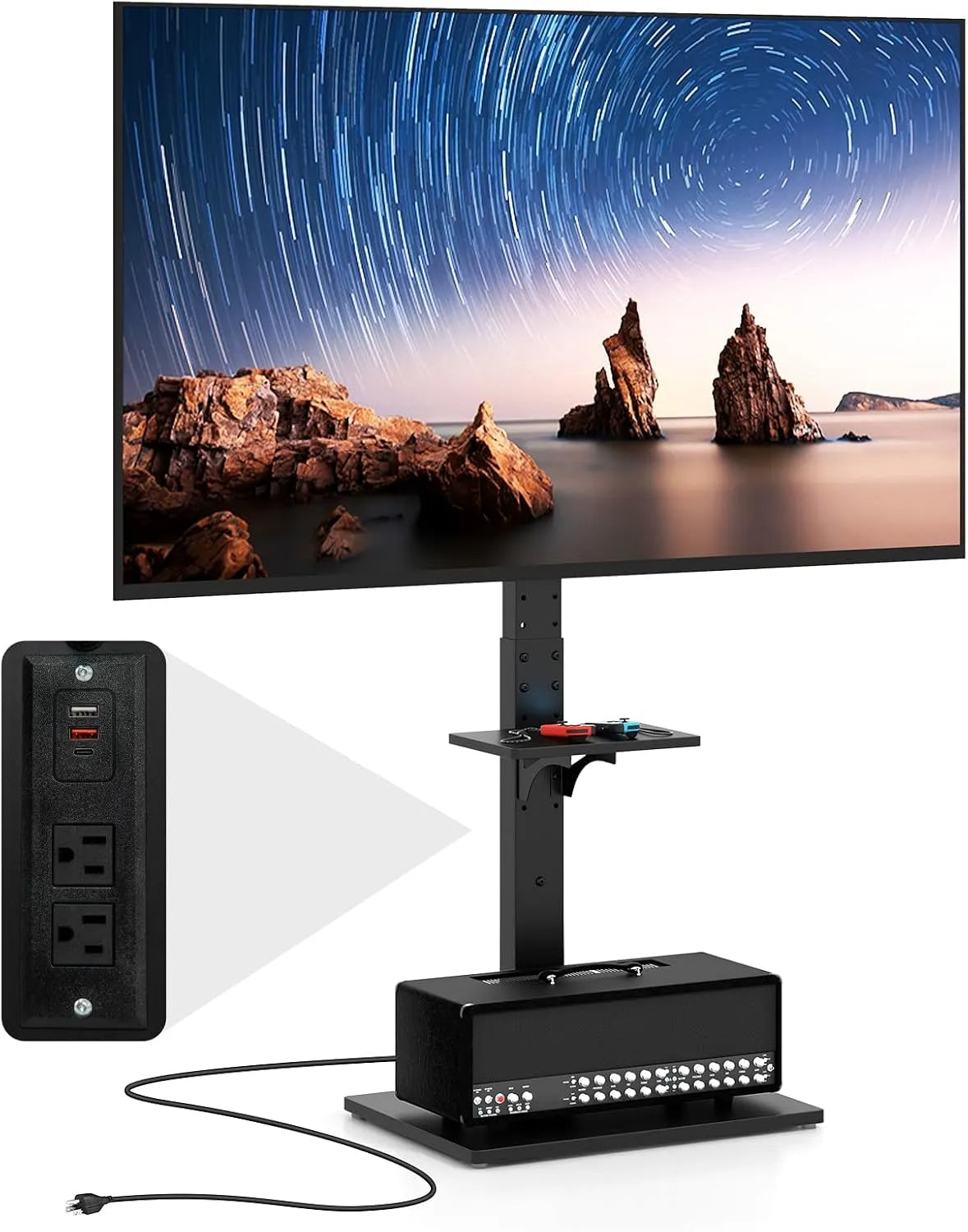 Meuble TV, 70 pouces, 600 x 400 mm, noir, Tablette AV Réglable, VESA Max, COSTWAY Support TV sur Pied avec Prise, Angle Inclinable, Hauteur Réglable