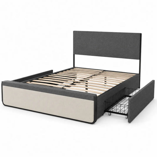 Lit double avec rangements et tête de lit en tissu 140x200 cm Gris