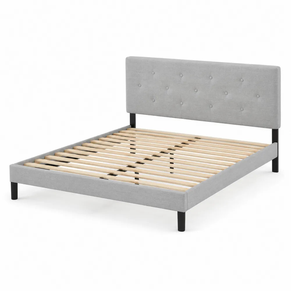Lit double en tissu gris avec lattes en bois de pin 140x200 cm