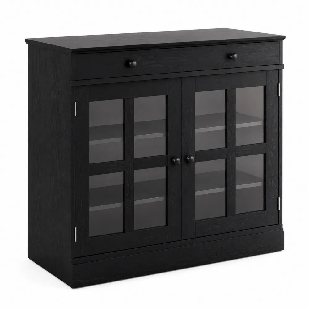 Buffet en MDF avec Portes Vitrées et Tiroir Noir