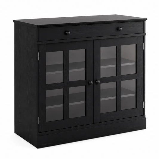 Buffet en MDF avec Portes Vitrées et Tiroir Noir