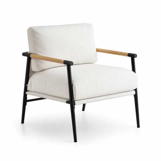 Fauteuil en Tissu Blanc avec Structure Métallique et Accoudoirs en Bois