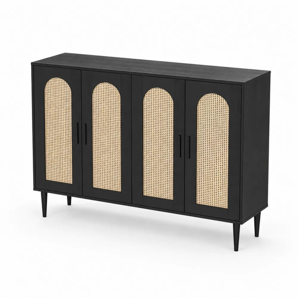 Buffet en bois et rotin 4 portes Noir et Naturel 140x80x35cm
