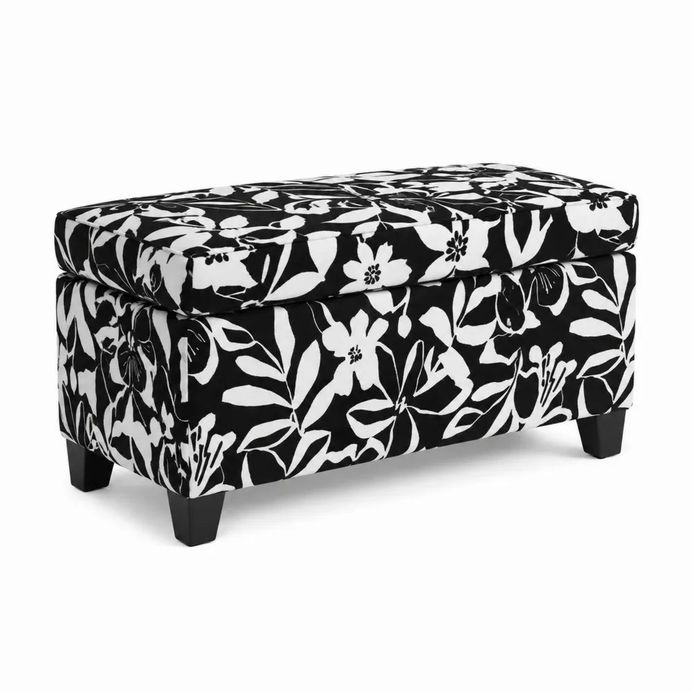 Repose-pieds en bois et polyester à motifs floraux Noir et Blanc