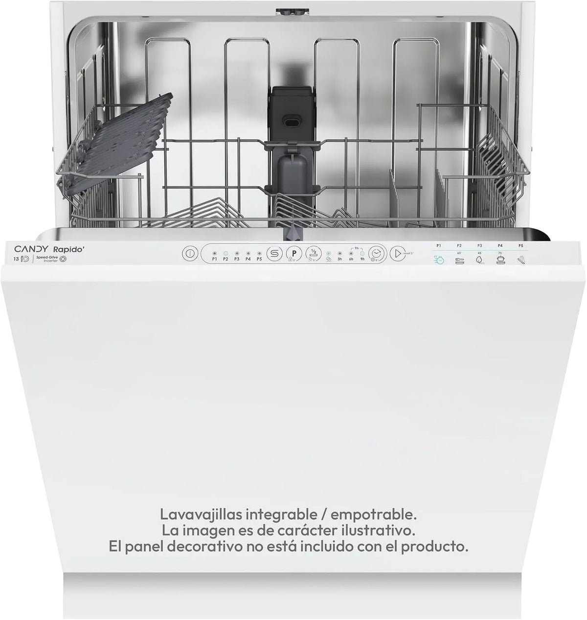 Candy 3E53E0W Lave-vaisselle, 60 cm, 5 programmes, encastrable, choix de temps: 3-6-9 heures, 13 services, 53 dBa, numérique, moteur inverseur