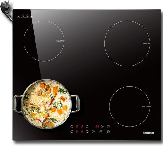 Plaque à induction, 60CM, 4 foyers, 3500 W, 220 V, table de cuisson à induction, tactile, verrouillage, encastrable, minuteur, noir, Karinear Plaque
