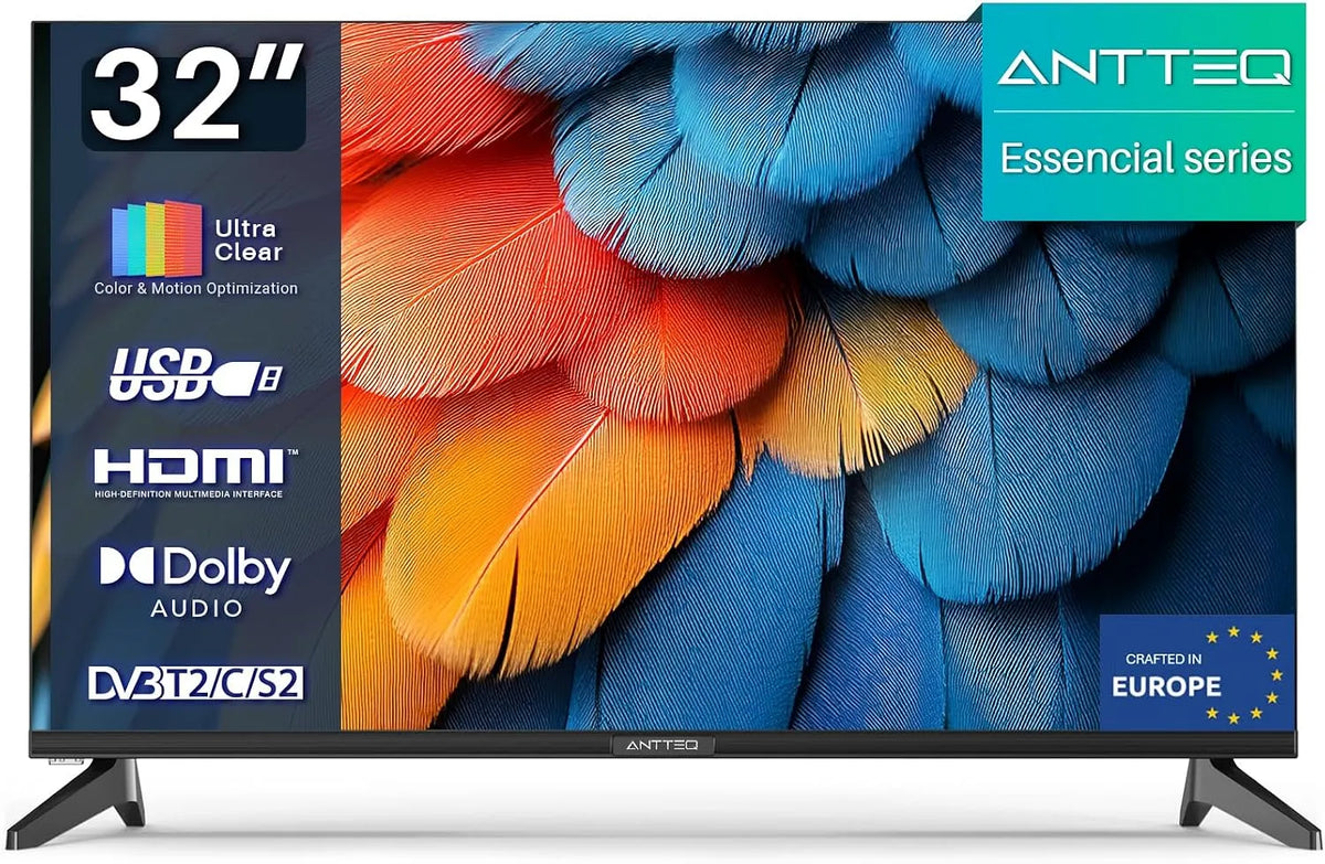 Smart TV, 32 pouces, téléviseur, Antteq E32-AH1Q1L, triple tuner DVB-T2, S2, son Dolby, HDMI, USB, Dolby Audio, sans Lunette, Essential Series