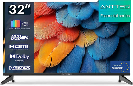 Smart TV, 32 pouces, téléviseur, Antteq E32-AH1Q1L, triple tuner DVB-T2, S2, son Dolby, HDMI, USB, Dolby Audio, sans Lunette, Essential Series