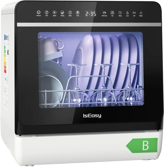 Lave-vaisselle, 5 L, 950 W, 7 programmes, tactile, grand réservoir, camping, amovible, 3 couverts, Haute Température de 72 °C, écran LED et Commande