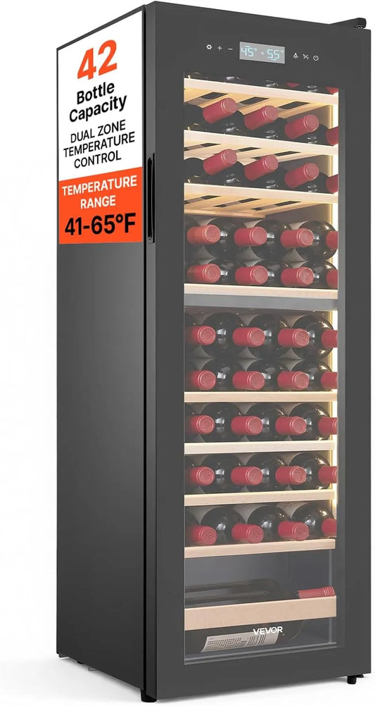 VEVOR Cave à vin électrique, 42 bouteilles, 5 à 18 °C, 2 zones de température, verre, pour Rouges Blancs Champagnes Effervescents Maison Bar