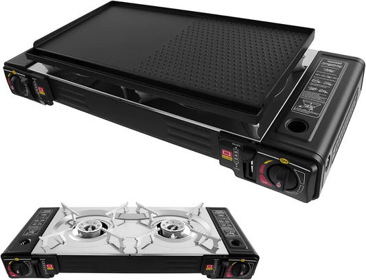 Plaque de cuisson à gaz, 2500 W, camping, table de cuisson à gaz, Kit de barbecue à gaz 2 en 1, 2 brûleurs avec plaque de cuisson, allumage piézo