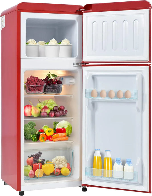 Congélateur, 92 L, rouge, -27°C ~13°C, 181 kWh, An Rouge, 28 Litres de Volume de Congélation, Merax Réfrigérateur Vintage à Double Porte avec