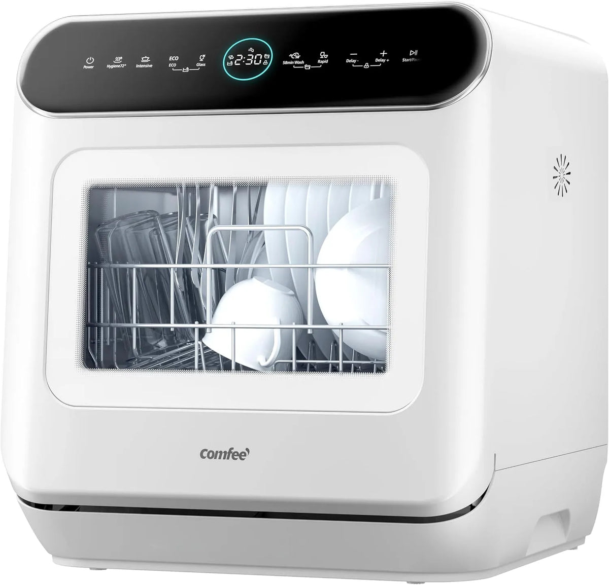 Lave-vaisselle, 7 programmes, COMFEE' MFD42S110W-IT 24h, hygiène, tactile, blanc, 72°C Lavage Hygiénique, Écran LED, 3 Couverts, 24h Démarrage Différé