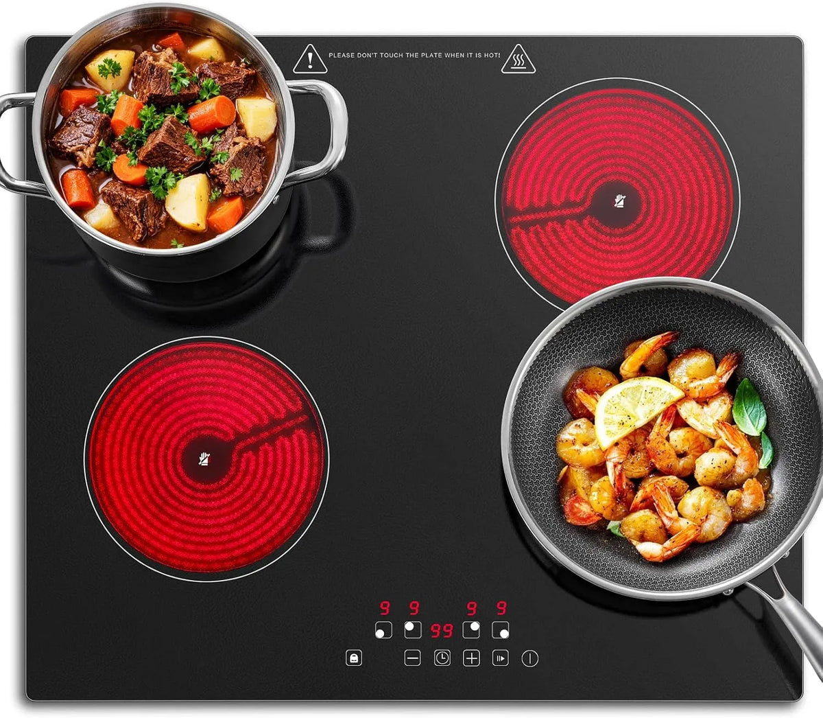 Plaque vitrocéramique, 60cm, 4 foyers, 6000 W, encastrable, tactile, minuteur, Minuterie 1-99 min, 9 Niveaux de Puissance, 6000W, Compatible Tous