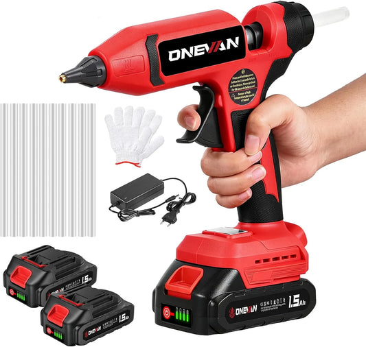 modèle 80s 25g, min, 80s Chauffe rapide, Débit 25g, 200 °C, 2x1, 10 bâtons, ONEVAN Pistolet a Colle Sans Fil, Système anti-Goutte, buse cuivre
