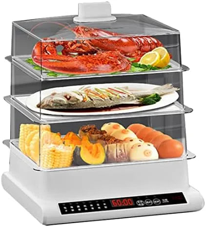 Produit boîte à vapeur compacte 800 W pour riz, Cuiseur vapeur à 3 étages avec bols amovibles, viande, légumes, minuterie de 60 minutes