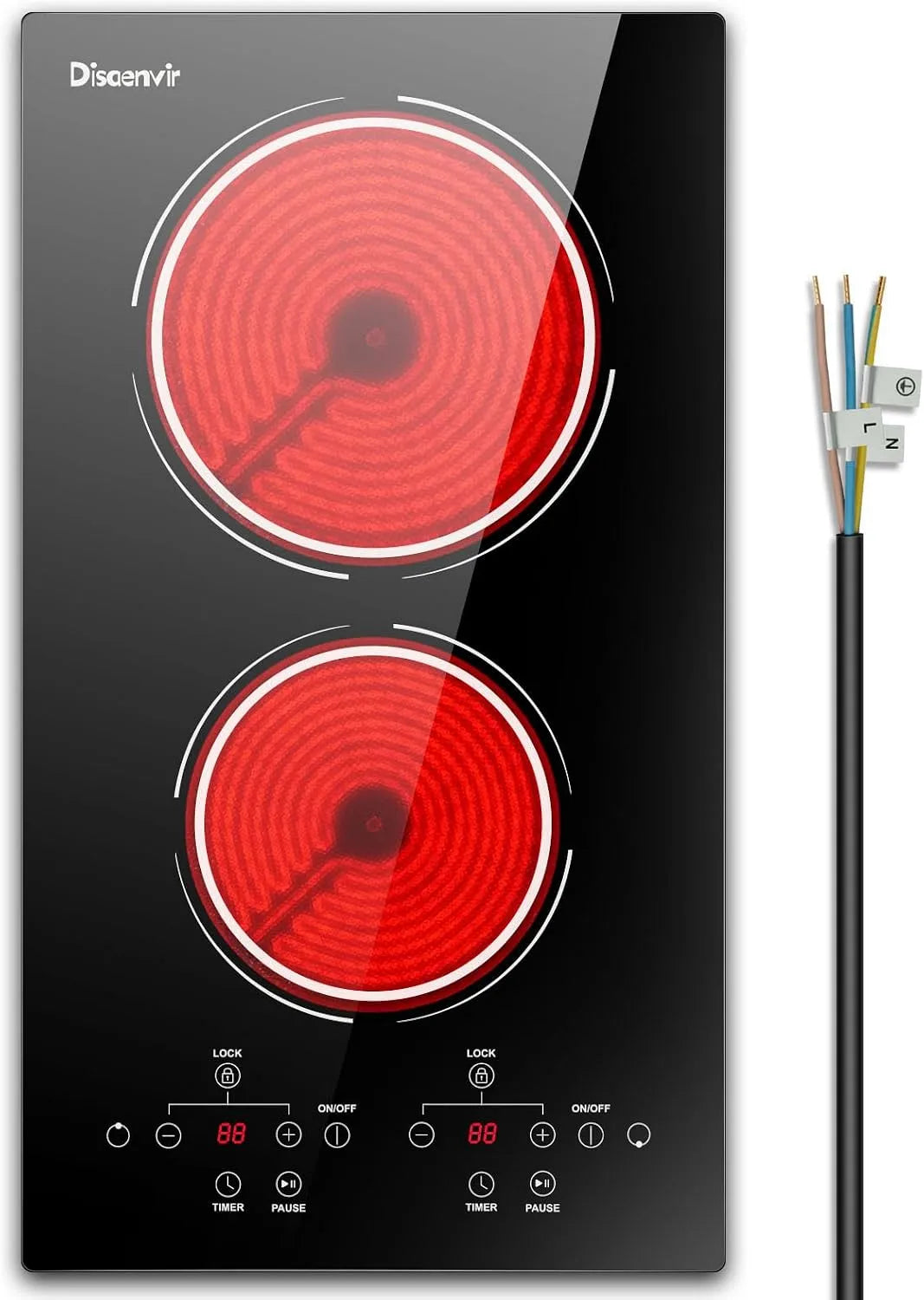 Plaque vitrocéramique, 30 cm, 2 foyers, 3000 W, 240 V, encastrable, tactile, minuteur, verrouillage, table de cuisson électrique, 220-240 V, 9 niveaux