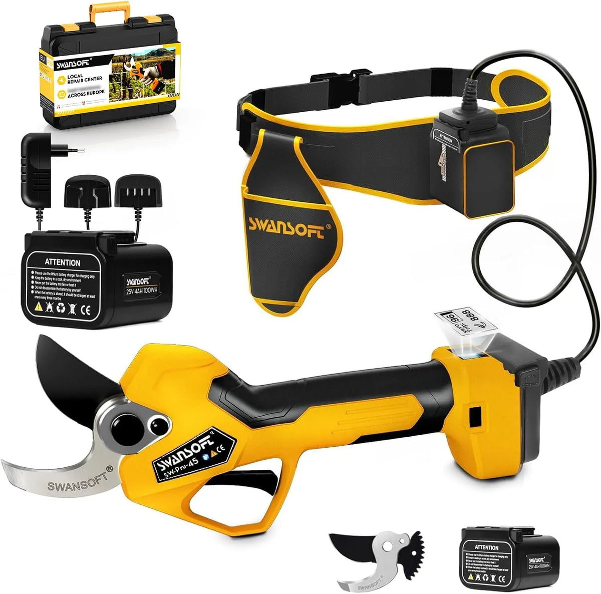 45mm 25V 4Ahx2 Sécateur Électrique Sans Fil, PRU45 Secateur Electrique Professionnel, 1150W Moteur Sans Balais, Écran LCD, SWANSOFT PRU45 4Ahx2