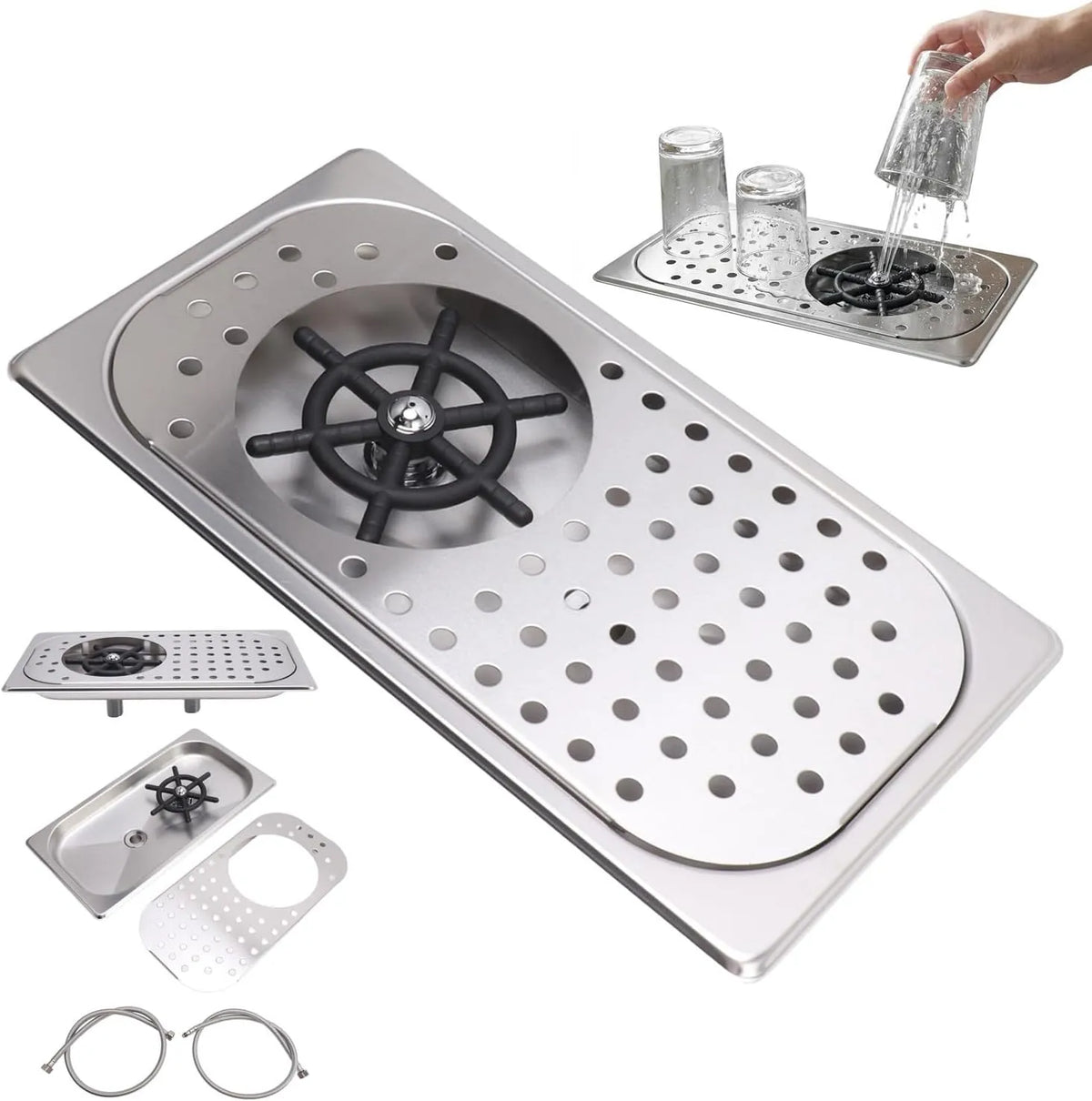 Évier de cuisine, acier inoxydable, Lavage à Haute Pression avec Tuyau D'égouttement pour Bar, Inox Couleur A, Rinceur de Gobelet